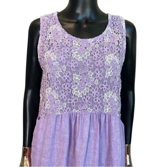 100% Lino Made in Italy Lilac Linen Midi Dress w/ Lace Top & Pockets - Picture 6 of 10